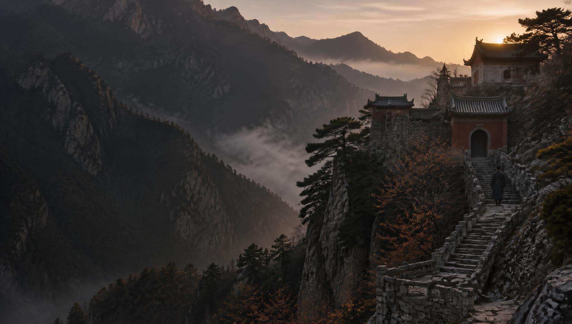 A solitary practitioner approaching a mountain monastery in northern China